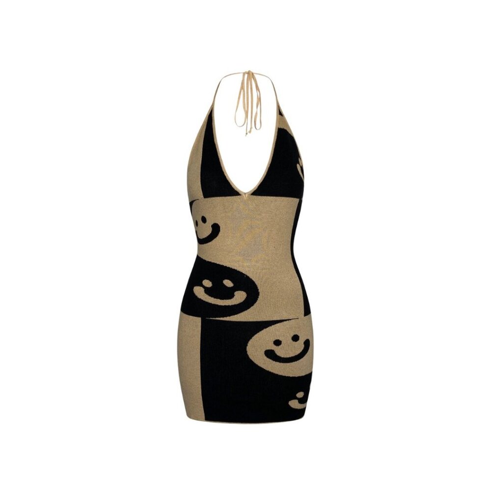 NWT Bailey Rose Black Beige Jacquard Knit Halter Mini Sweater Dress